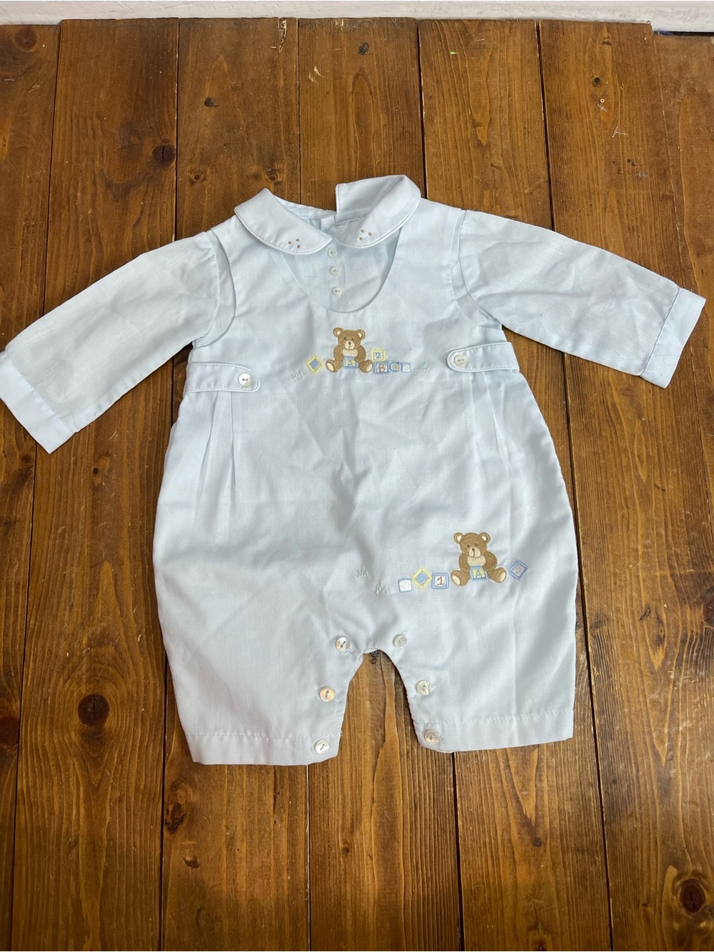 Sarah Louise size premie pale blue outfit with embroidered bears
